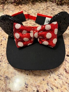 Adult Sequin Minnie Ear Visor with Red Polka Dot Bow